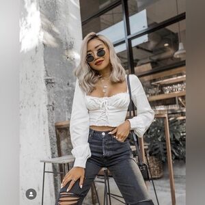 Jenn Im Eggie Laid Out Top Balloon Sleeve Cropped White Blouse